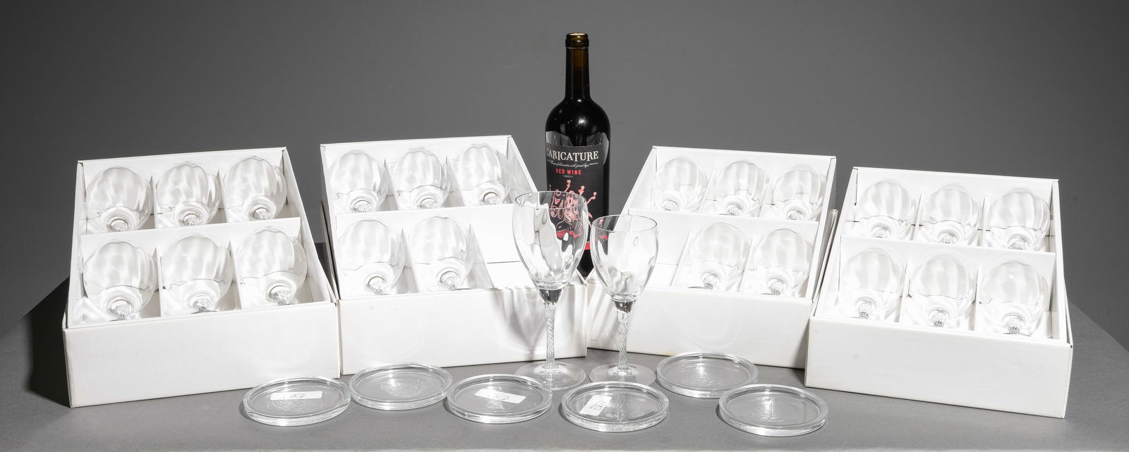 30pcs JG Durand Crystal Stemware & Coasters: 30pcs JG Durand Crystal Stemware & Coasters - Boxes are 3 in tall x 15 x 9.5