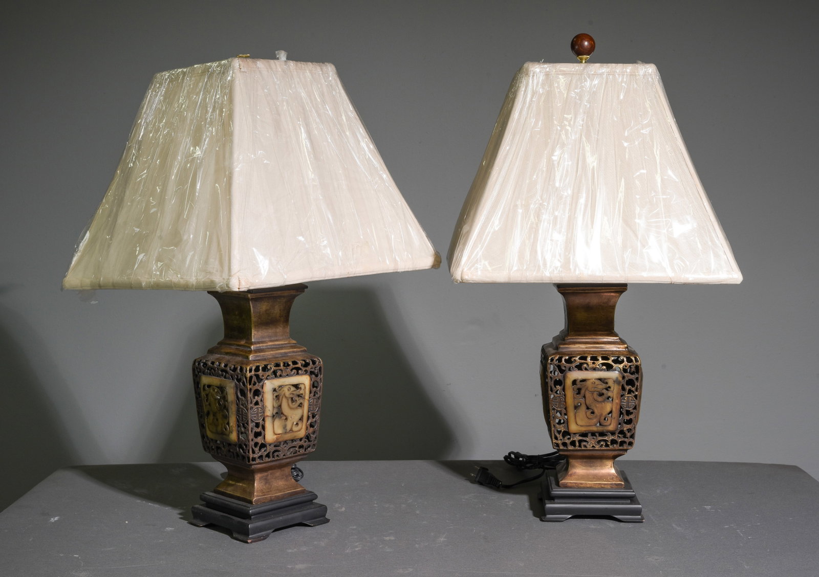 Chinese Style Pair of Metal Lamps with Stone Detail: Chinese Style Pair of Metal Lamps with Stone Detail - 27 in tall x 14.5 x 14.5 each
