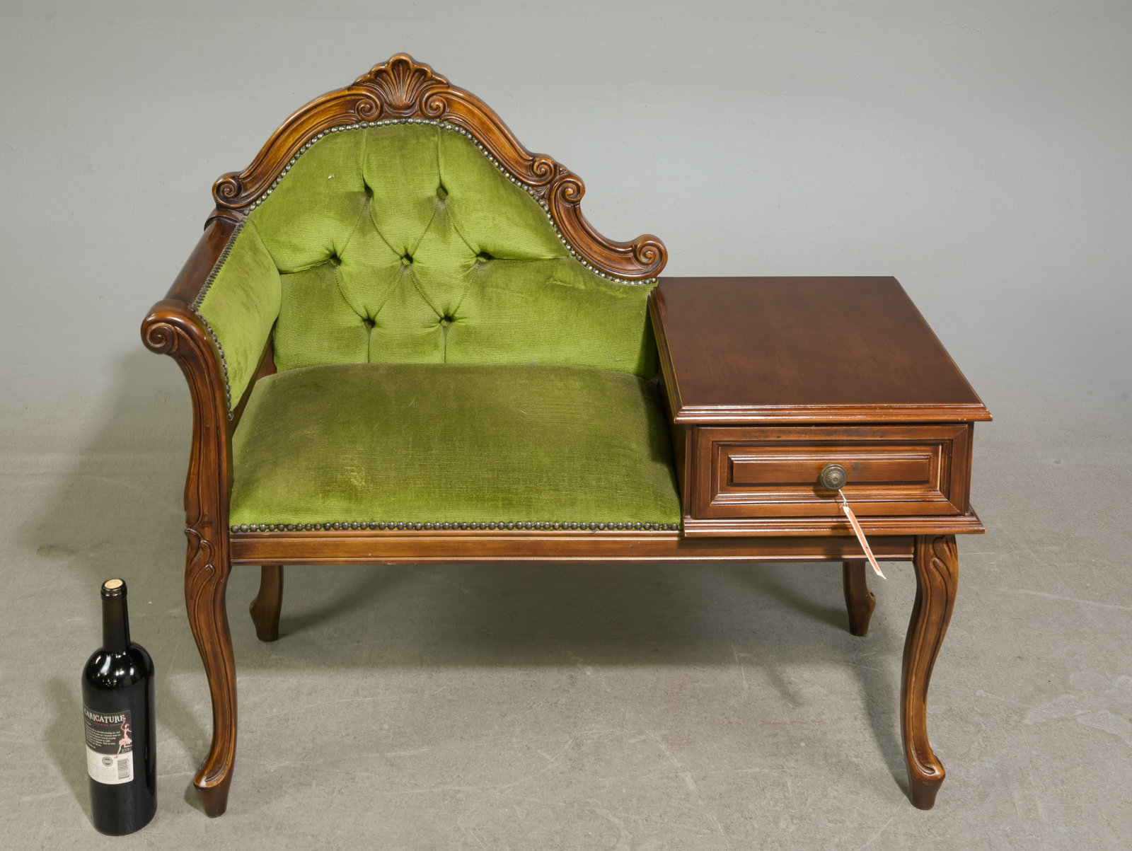 British Green Upholstered Telephone Bench: British Green Upholstered Telephone Bench - 33 in tall x 37 x 17 with a seat height of 16 inches