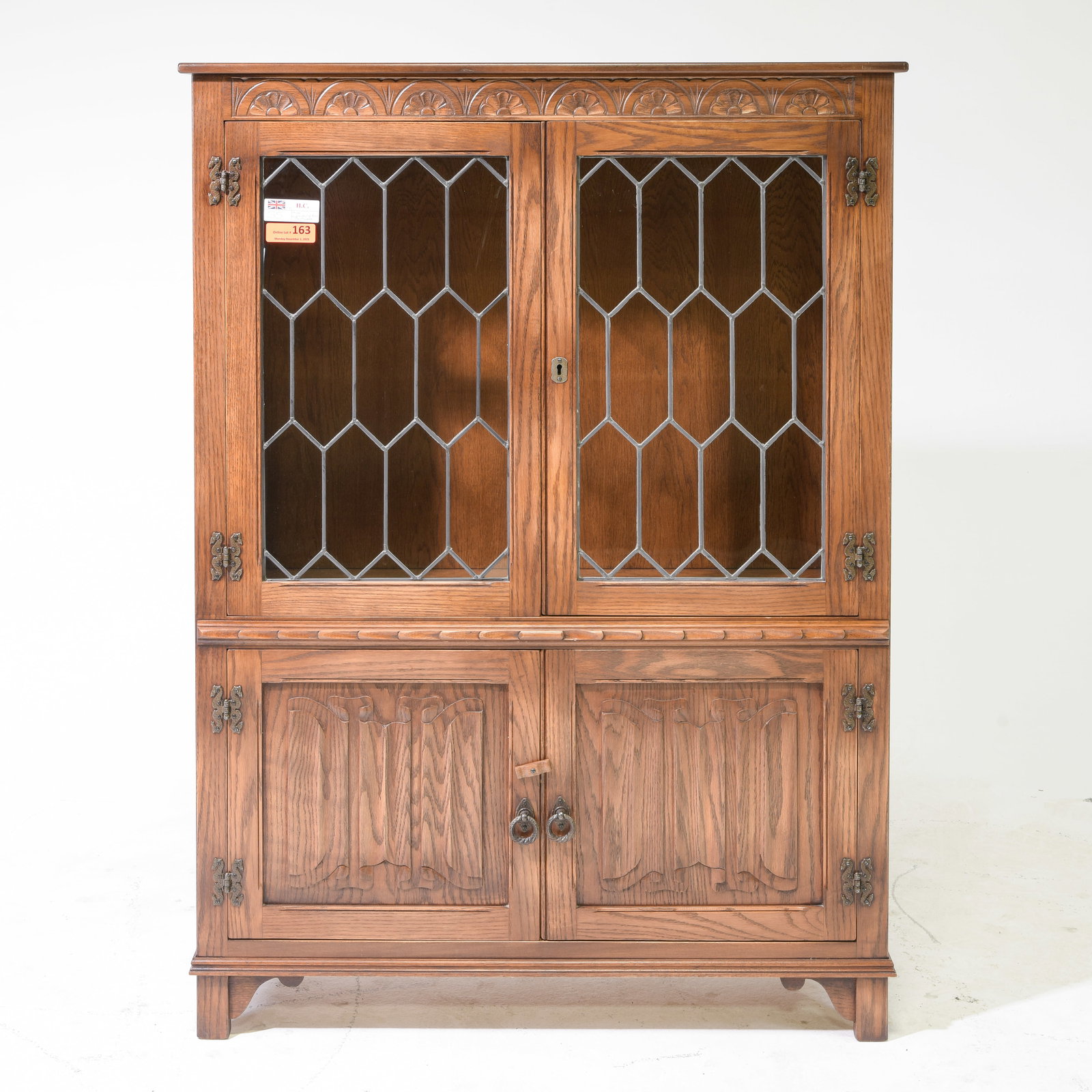 British Oak Leaded Glass Bookcase c.1930's-40's: British Oak Leaded Glass Bookcase c.1930's-40's - 53 in tall x 38.5 x 13