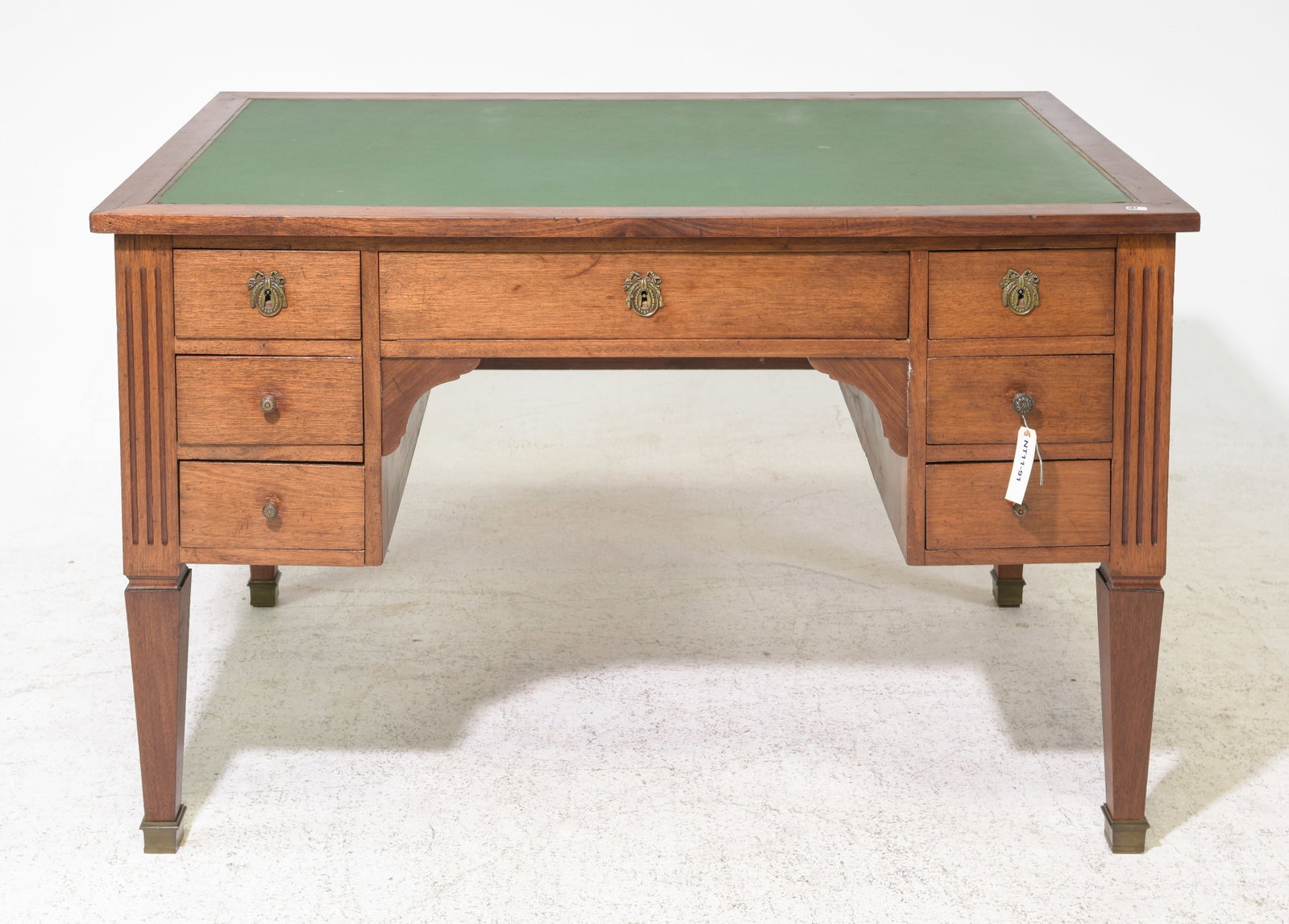 Henri II Style Green Vinyl Top Mahogany Desk: French Henri II Style Green Vinyl Top Mahogany Desk - 29.5 in tall x 47.25 x 29.25, Kneehole is 23 inches from floor to under by 23 inches wide