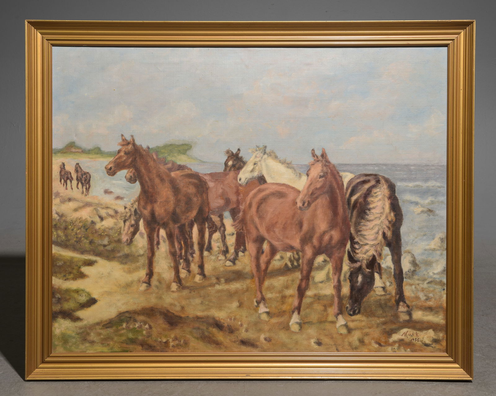 Danish Gold Framed Oil on Canvas c.1956 - Horses (1 of 3)