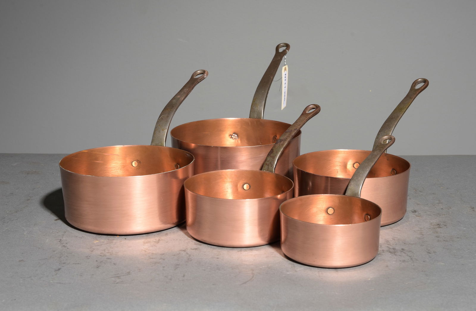 French Polished Copper Set of 5 Sauce Pans #1: French Polished Copper Set of 5 Sauce Pans - Largest is 8 in tall x 17 x 8 - Reminder, the measurements are for shipping purposes. - These are not marked