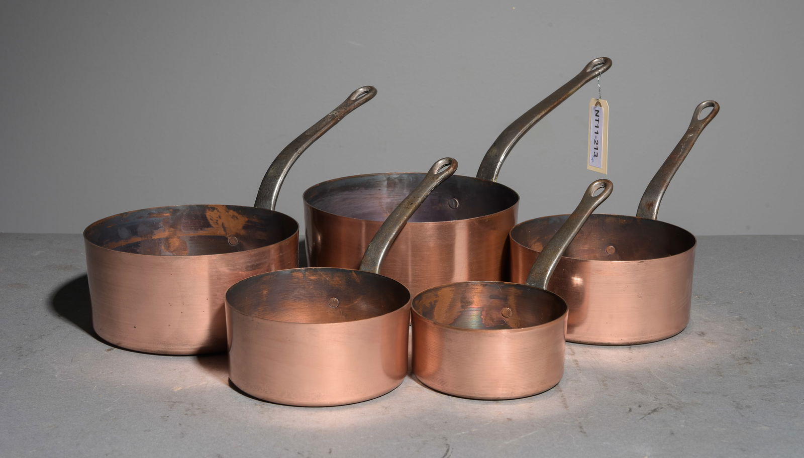French Polished Copper Set of 5 Sauce Pans #2: French Polished Copper Set of 5 Sauce Pans - Largest is 8 in tall x 17 x 8 - Reminder, the measurements are for shipping purposes. - These are not marked