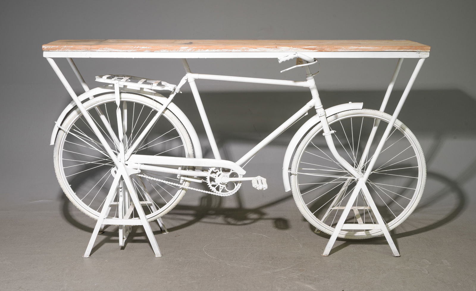 White Painted Bicycle Console / Table: White Painted Bicycle Console / Table - 41 in tall x 70.25 x 20