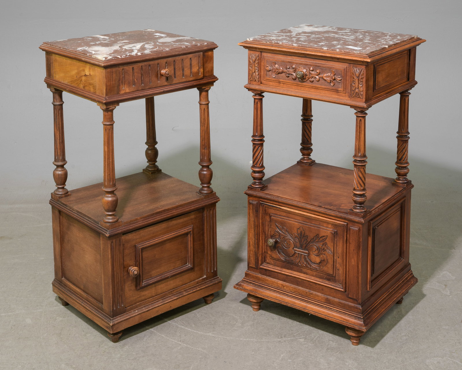 Two Henri II Style Marble Top Nightstands: Two French Henri II Style Inset Marble Top Nightstands - 33 in tall x 16.5 x 15 and 33 in tall x 16 x 14