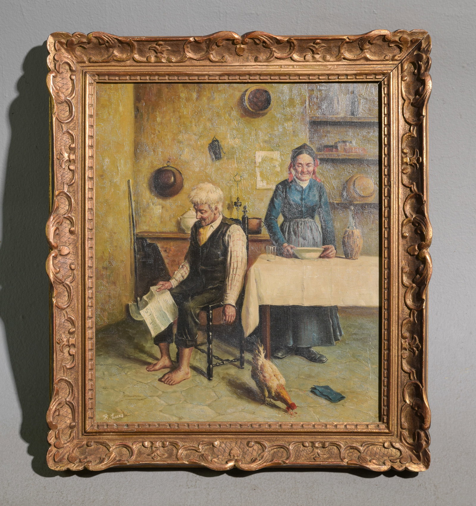 Gold Framed Oil on Canvas - "Domestic Bliss": Gold Framed Oil on Canvas - "Domestic Bliss" - Signed R. Lucas - 29 in tall x 25.25 x 1.75, The work itself is 22.75 x 19.25