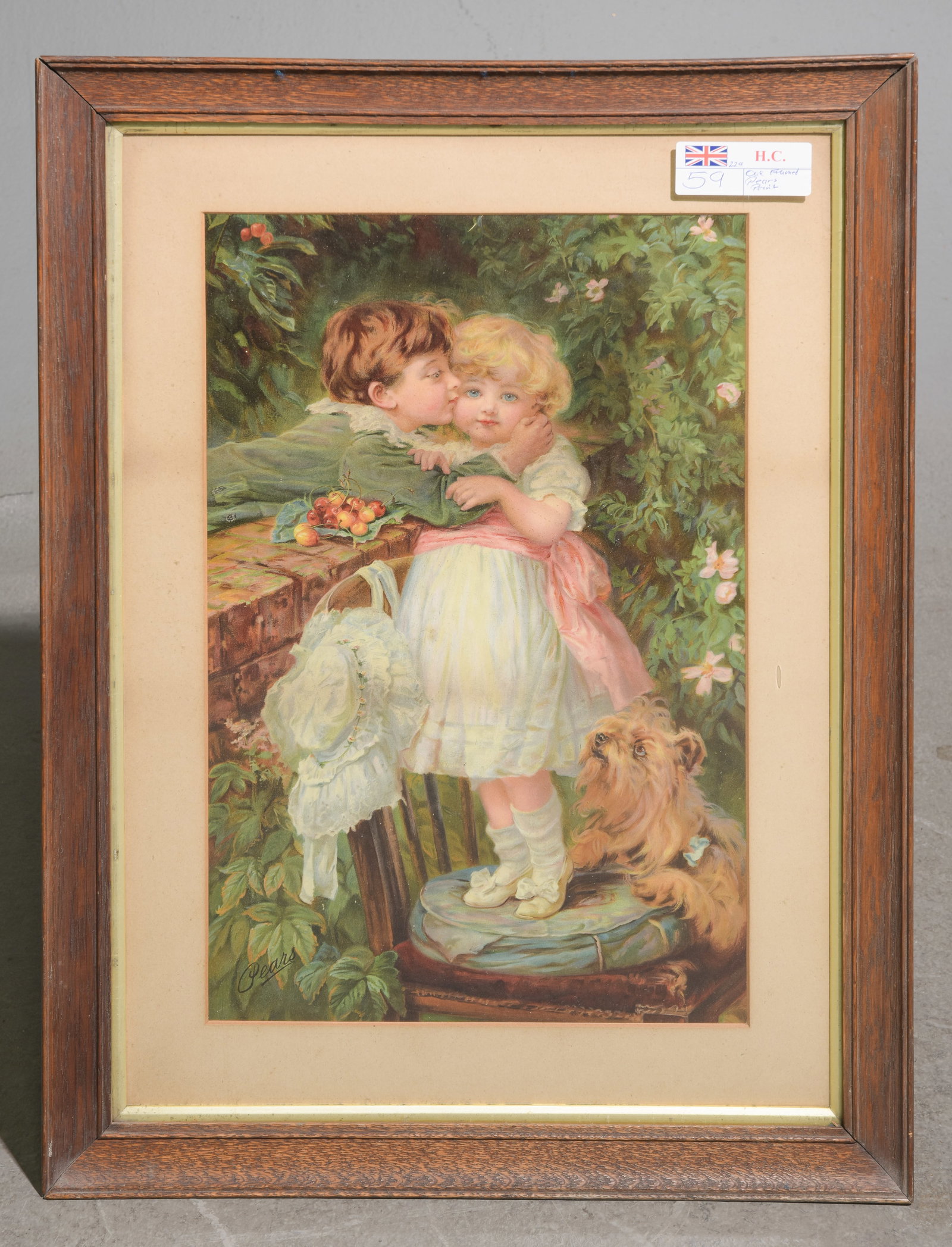 Oak Framed "Over The Garden Wall" Art: Oak Framed "Over The Garden Wall" Art - Signed Pears - 25.5 in tall x 19 x 1