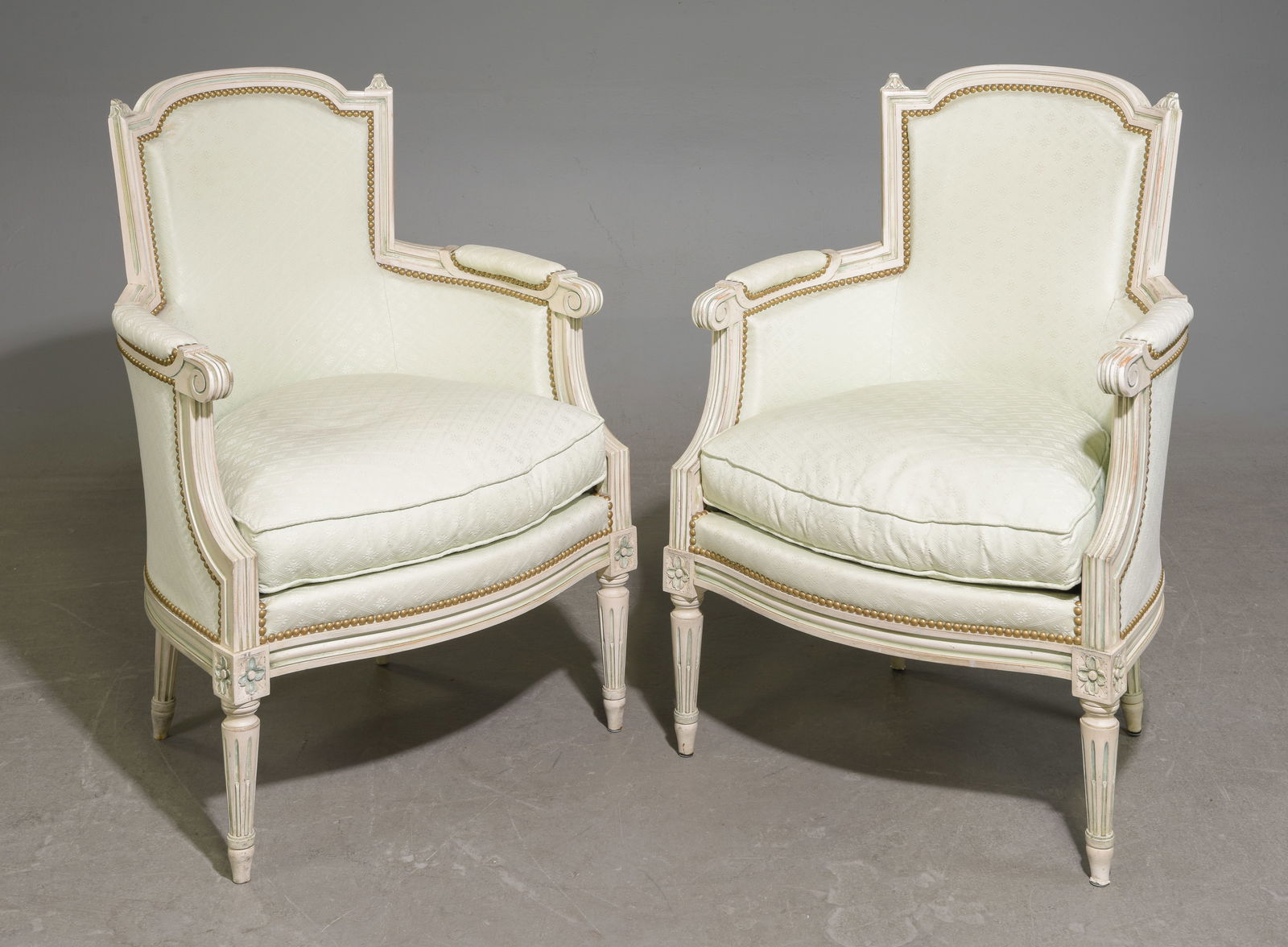 Louis XVI Style Pair of Painted Arm Chairs: French Louis XVI Style Pair of Painted Arm Chairs - 36 in tall x 25.5 x 25.5 each with a seat height of 20 inches