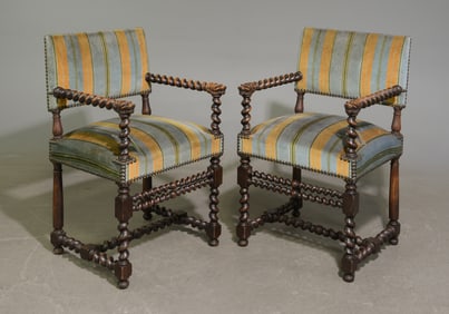 Louis XIII Style Pair of French Twist Oak Arm Chairs