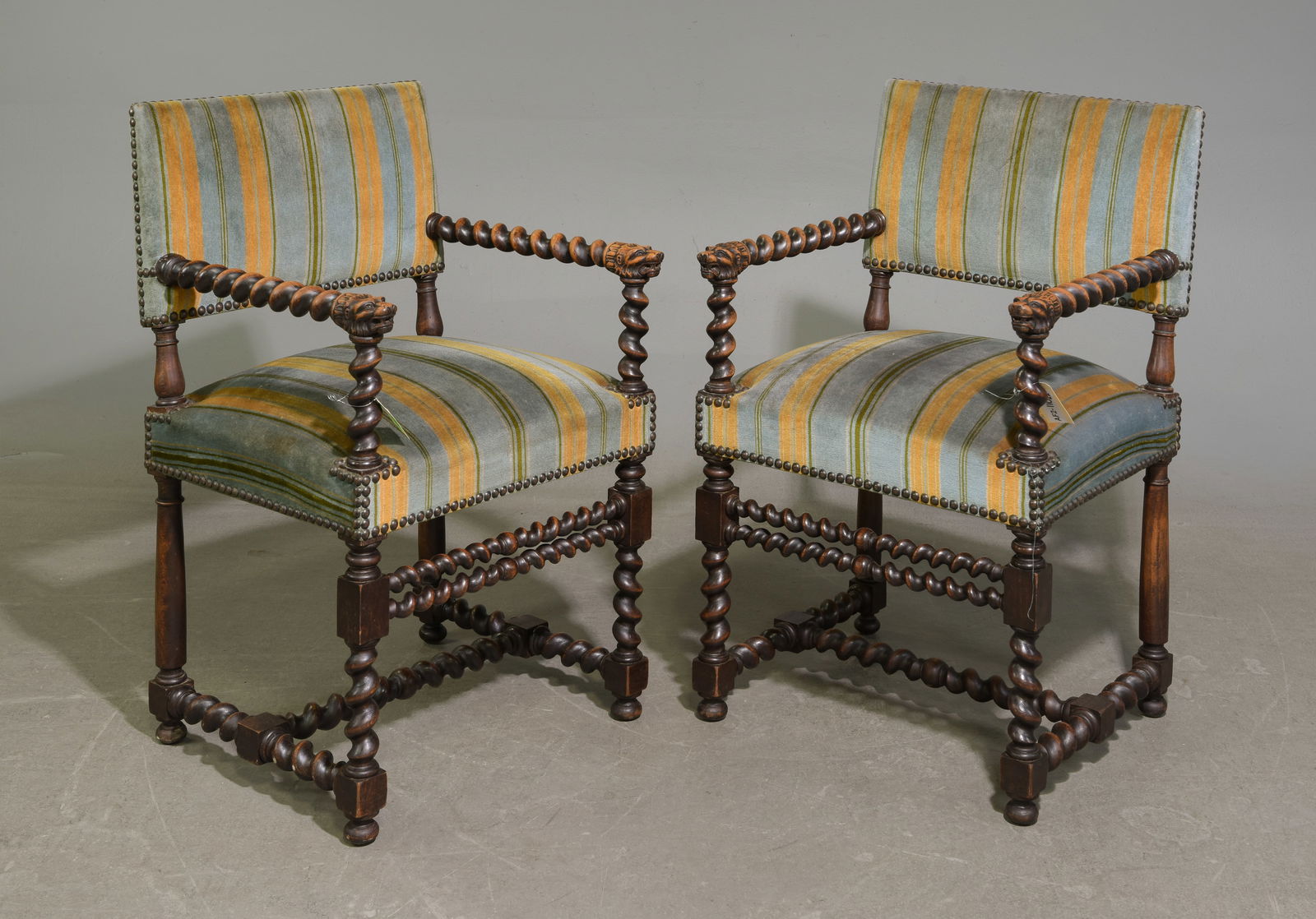 Louis XIII Style Pair of French Twist Oak Arm Chairs: French Louis XIII Style Pair of French Twist Oak Arm Chairs - 36 in tall x 22 x 21 each with a seat height of 17.5 inches