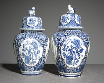 2 Blue & White Delft Urns / Vases with Lids