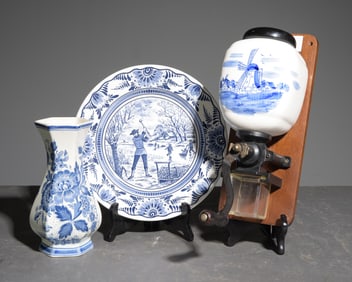 3pcs - Blue & White Delft Coffee Grinder, Etc.