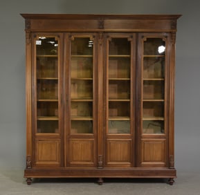 Henri II Style Four Door Walnut Bookcase