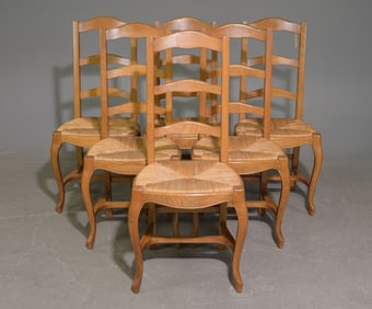 Louis XV Style Set of 6 Oak Rush Seat Chairs