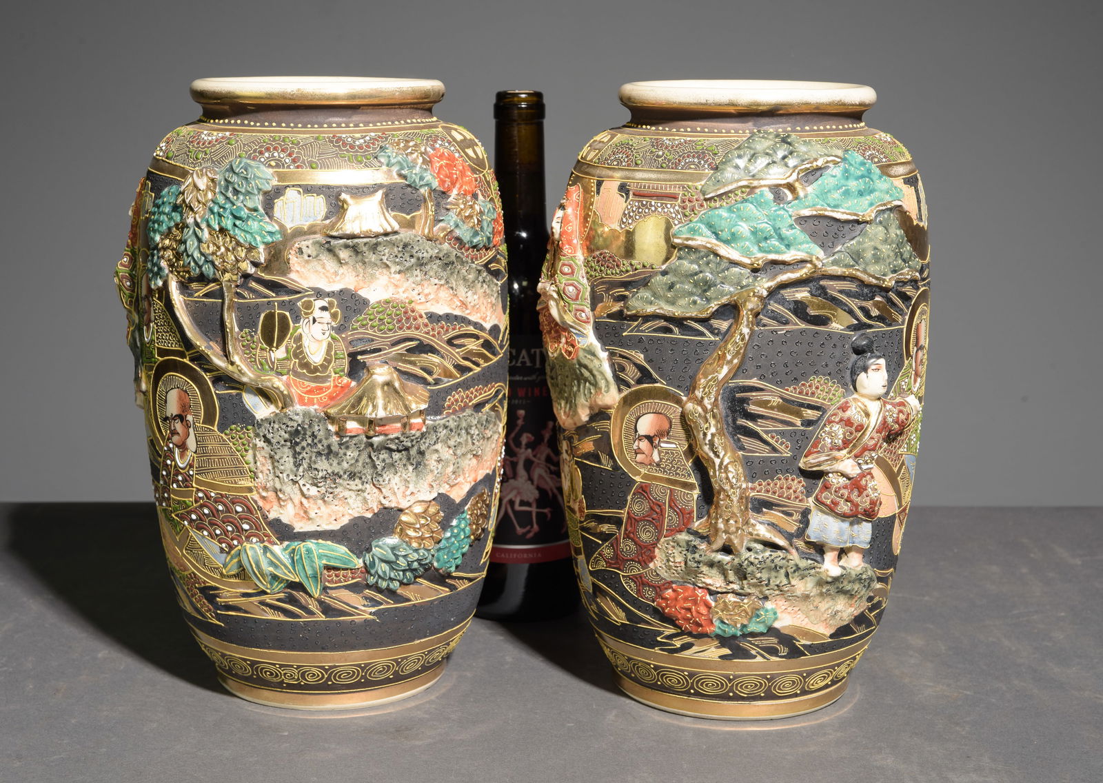 Japanese Pair of Satsuma High Relief Vases: Japanese Pair of Satsuma High Relief Vases - 12.5 in tall x 8 x 8