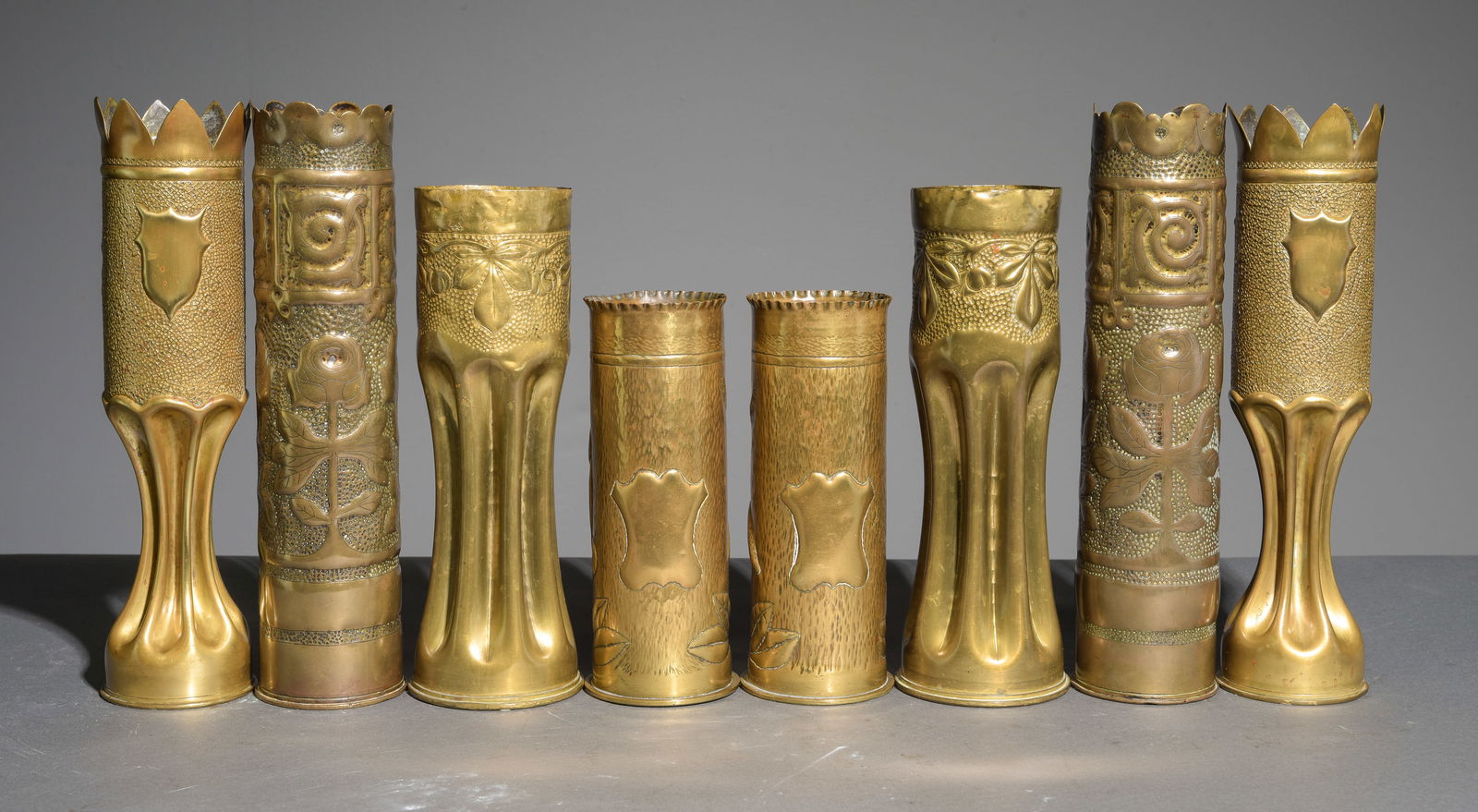 4 Pairs of Brass Trench Art Vases: 4 Pairs of Brass Trench Art Vases - 8pcs total - Tallest is 13.5 in tall x 3 inch diameter