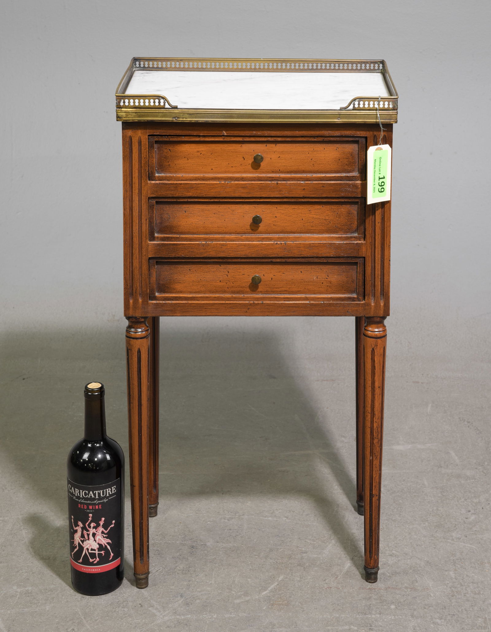 Louis XVI Style White Marble Top Chest / Nightstand: French Louis XVI Style White Marble Top Chest / Nightstand with Gallery - 29 in tall x 15 x 10