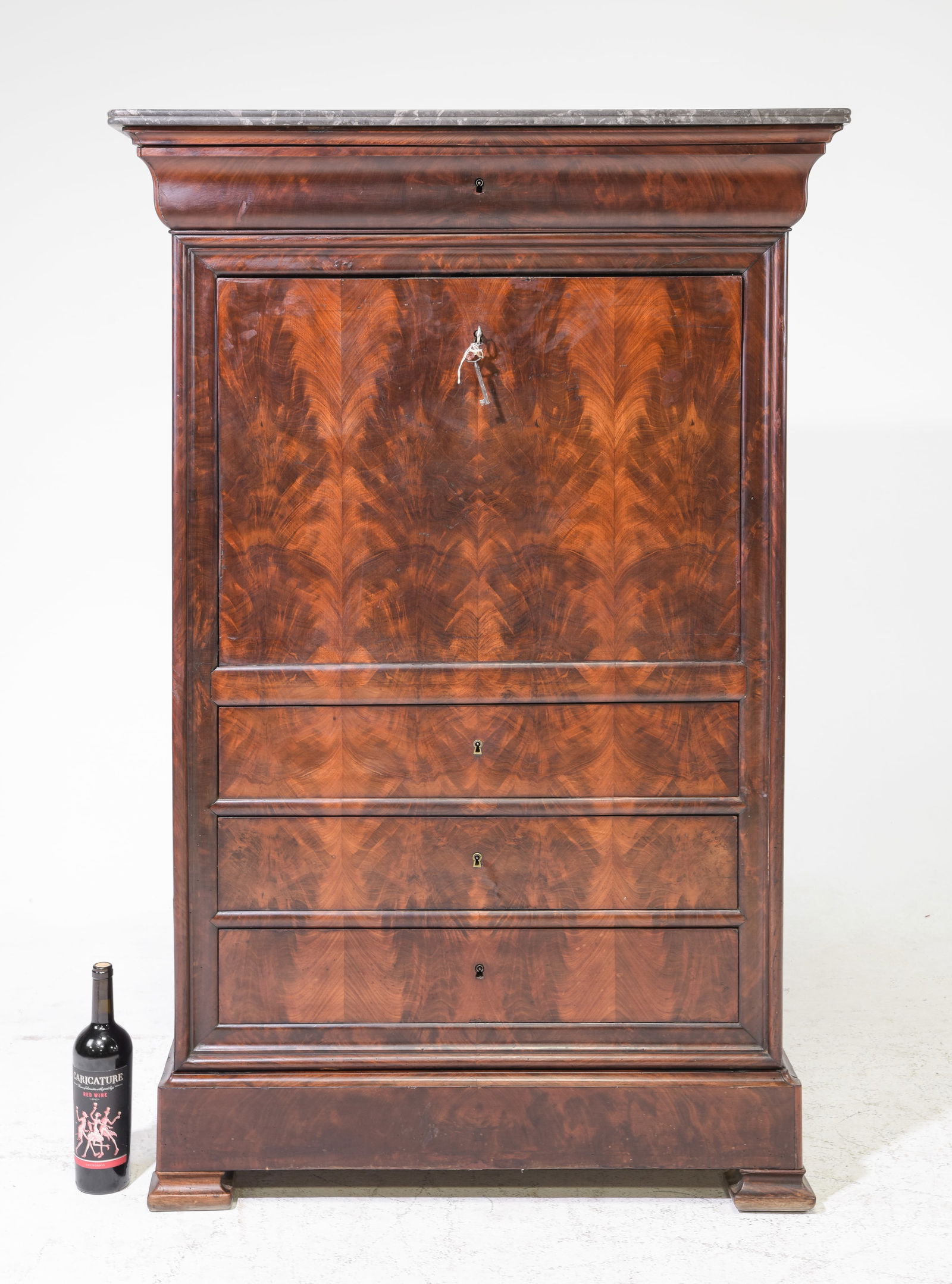 Louis Philippe Style Marble Top Secretary Abattant #1: French Louis Philippe Style Marble Top Mahogany Secretary Abattant - 57 in tall x 38 x 18