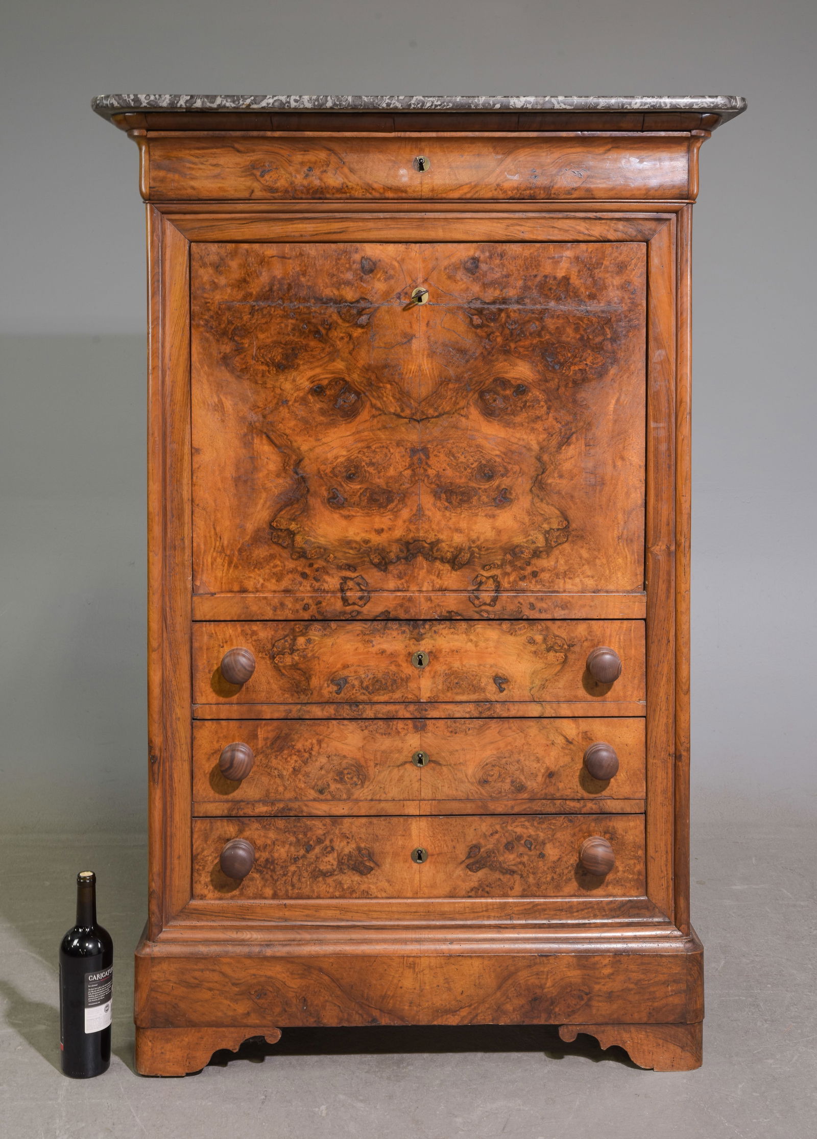 Louis Philippe Style Marble Top Secretary Abattant #2: French Louis Philippe Style Marble Top Walnut Secretary Abattant - 58.5 in tall x 38.5 x 17.5