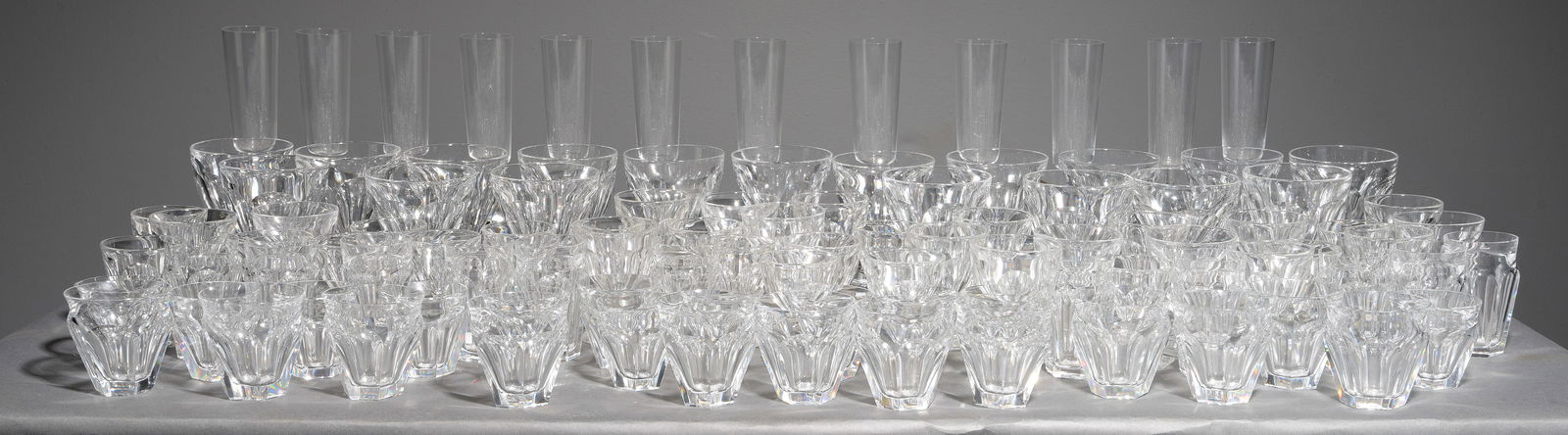 101pcs Assorted Baccarat Glassware: 101pcs Assorted Baccarat Glassware - The champagne flutes are 8.5 in tall x 2.75 inch diameter each