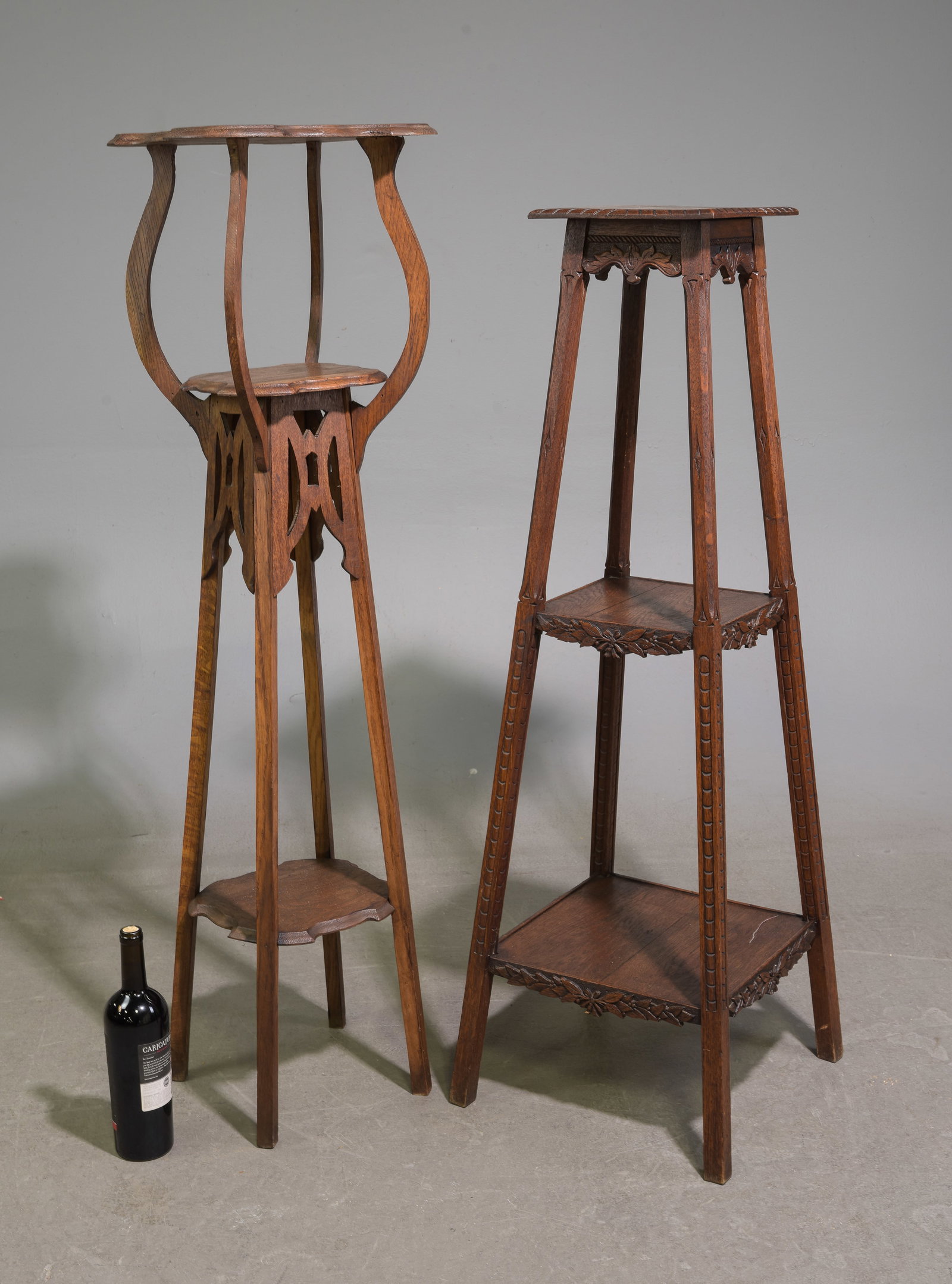 2 French Tall Oak Plant Stands: 2 French Tall Oak Plant Stands - 49 in tall x 13 x 13 and 45.5 in tall x 14 x 14