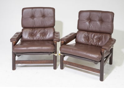 Danish Modern Pair of Brown Leather Arm Chairs