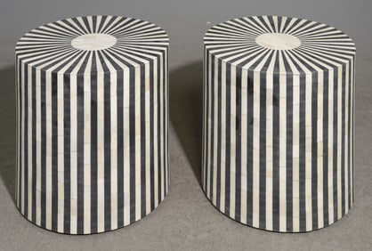 2 Modernist Black & White Bone Inlaid Cocktail Tables