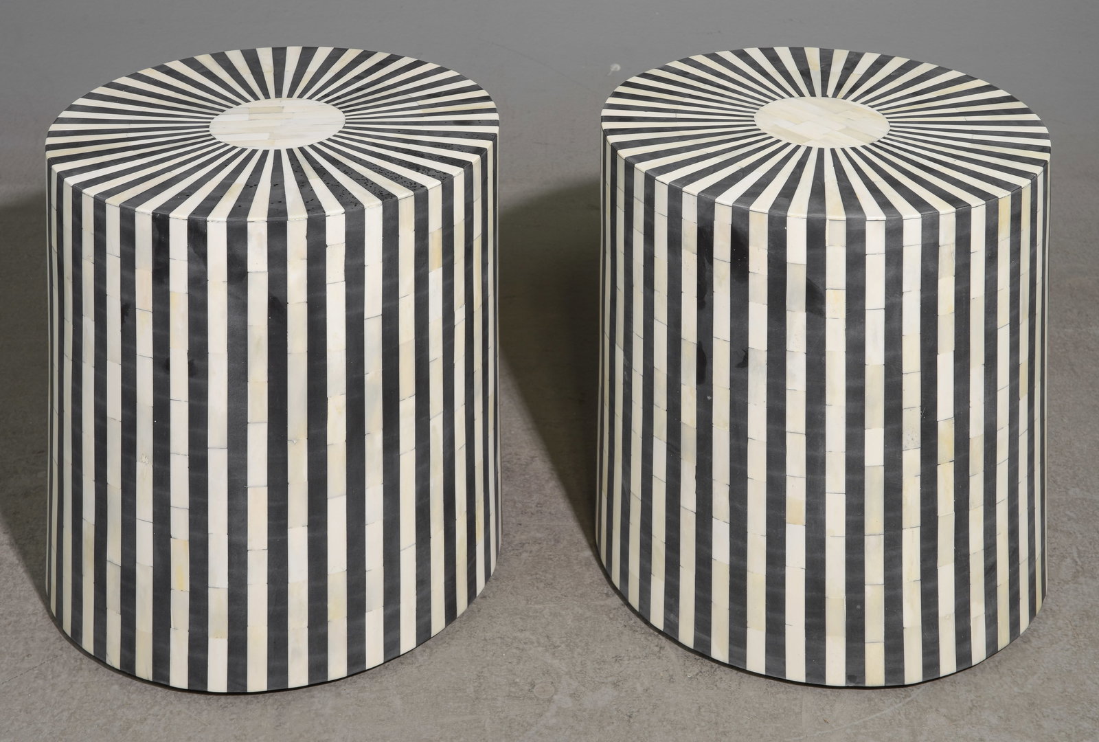 2 Modernist Black & White Bone Inlaid Cocktail Tables: 2 Modernist Black & White Bone Inlaid Cocktail Tables - 18 inches tall x 16 inch diameter