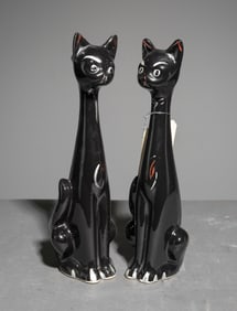 2 Mid Century Modern Ceramic Black Cat Vases