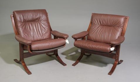 2 Danish Mid Century Modern Brown Leather Arm Chairs