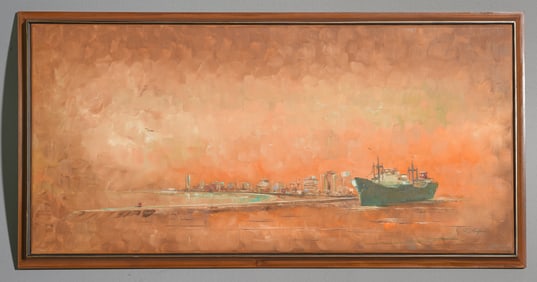 Framed Oil On Canvas - Ship In A Harbor