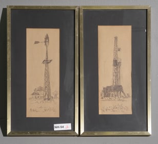 Two Framed Oil Rigs Pencil Art