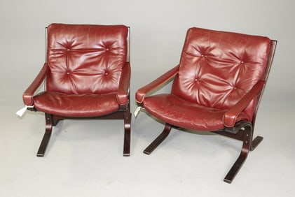 2 Danish Mid Century Modern Red Leather Arm Chairs