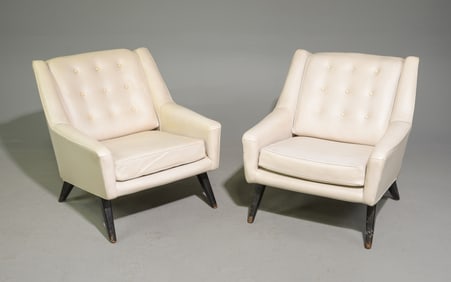2 Mid Century Modern Vinyl Upholstered Arm Chairs