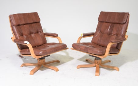 2 Danish Mid Century Modern Leather Arm Chairs
