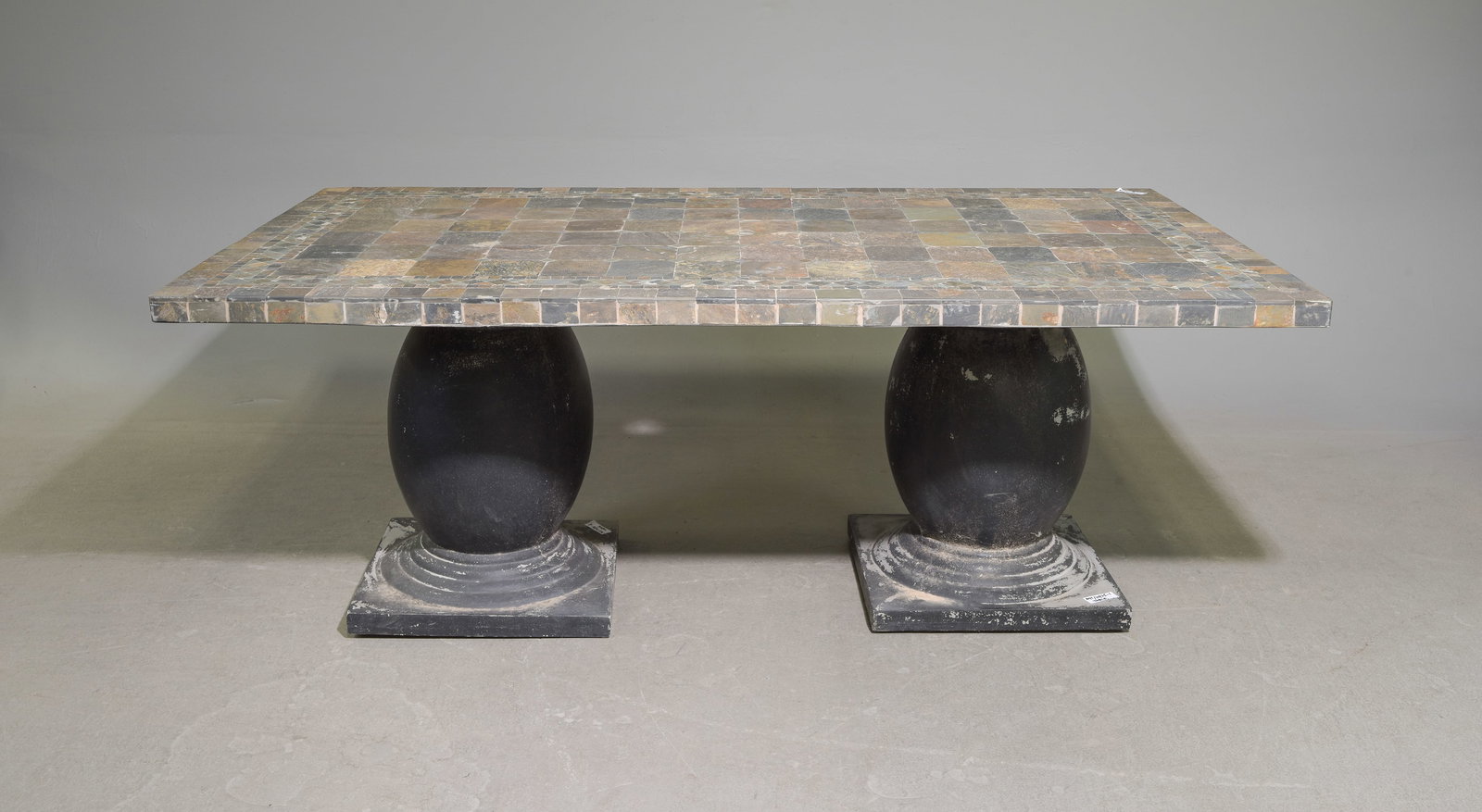 Mosaic Slate Tile Top Garden / Patio Table: Mosaic Slate Tile Top Garden / Patio Table with Twin Pedestal Base - 28 in tall x 72.25 x 42.25, Floor to under is 26.5 inches