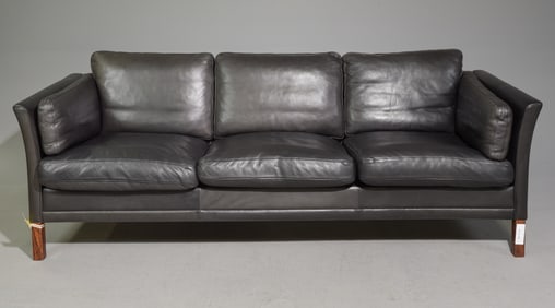 Danish Modern Black Leather Three Seater Sofa