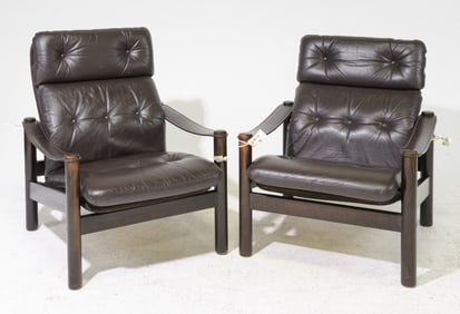 Danish Modern Pair of Leather Arm Chairs