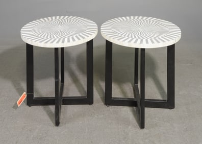 2 Grey & White Bone Inlaid Round Occasional Tables