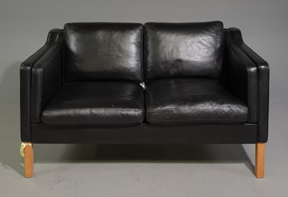 Danish Modern Black Leather Two Seater Sofa