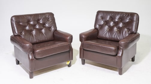 Danish Modern Pair of Leather Arm Chairs