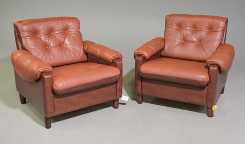 Danish Modern Pair of Leather Arm Chairs