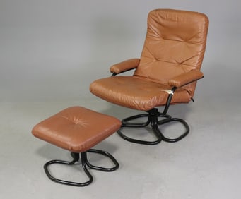 Danish Leather Lounge Chair with Stool