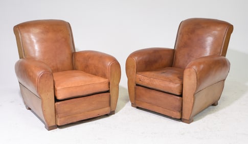 French Pair of Brown / Tan Leather Club Chairs