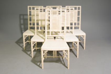 French Set of 6 Painted Faux Bamboo Dining Chairs