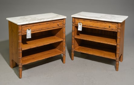 Faux Bamboo Pair of White Marble Top Occasional Tables
