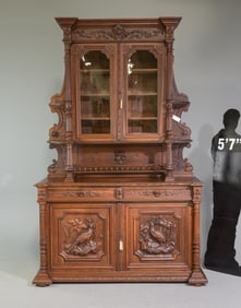 Renaissance Style Carved Oak Hunt Double Buffet