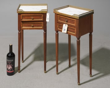 Louis XVI Style Pair of White Marble Top Chests