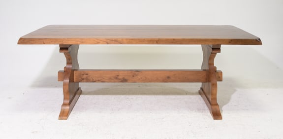 French Solid Elm Wood Trestle Base Table